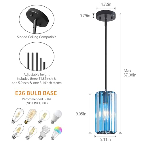 Modern Crystal Pendant Light Mini Light Blue Chandeliers Adjustable Pendant Lights Fixture for Kitchen Island Dinning Room Corridor Bedroom (2 Count)
