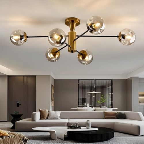 6 Light Gold Sputnik Chandelier Modern Semi Flush Mount Ceiling Light with Glass Globe Shade Mid Century Ceiling Lighting for Dining Room Living Room Kitchen Farmhouse Bedroom