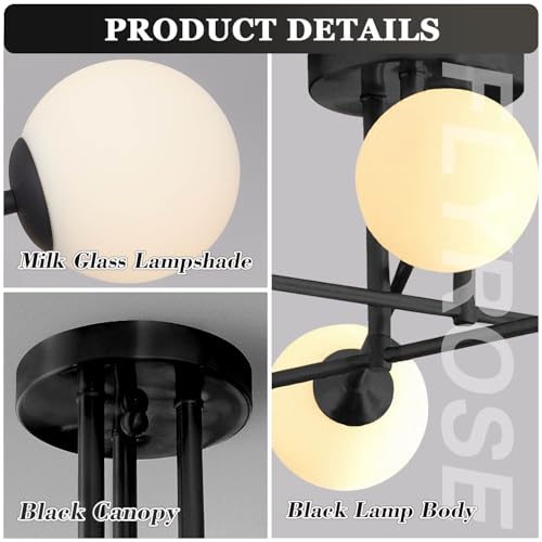 Black Modern Sputnik Chandelier Ceiling Light Fixtures 6 Light Milk Glass Globe Sputnik Chandelier Mid Century Bedroom Semi Flush Mount Ceiling Light