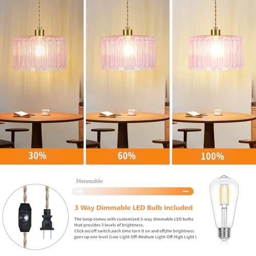 Pink Plug in Pendant Light Glass Hanging Lights with Plug in Cord Boho Hanging Lamp Gold Mid Century Modern Vintage Dimmable Flower Plug in Chandelier Ceiling Fixture for Living Room