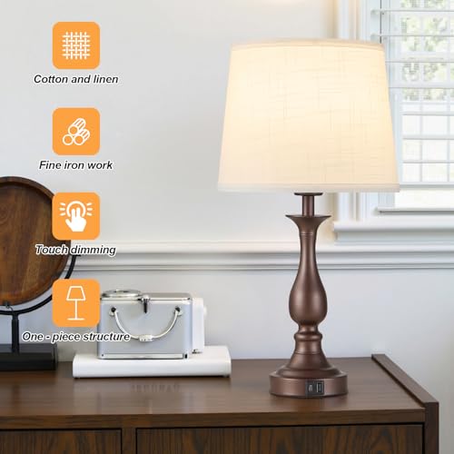 Bedside Table Lamp Touch Control Bedroom Lamps with USB A + C Charging Port 3 Way Dimmable Touch Lamps for Nightstand Living Room Bedroom Dorm Home Office Reading (2 Count)