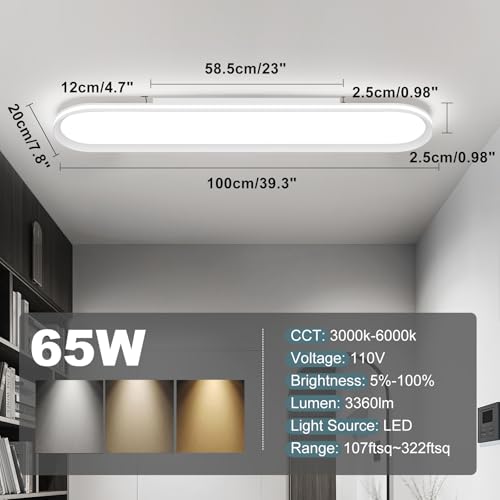Modern LED Ceiling Light Dimmable Linear Ceiling Light 39.4in Semi Flush Mount Long Lights with Remote Control and Side Lighting for Living Room Kitchen Dining Room