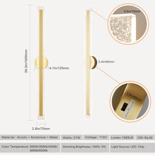 Modern Wall Sconces 39.4In Gold Wall Light Fixtures Dimmable LED Sconce Wall Lighting Indoor Hardwired Wall Lamps for Living Room Bedroom Hallway Stairs