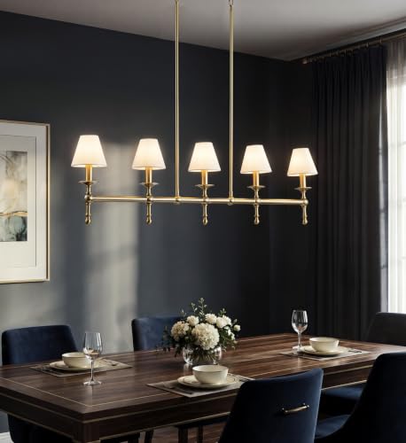 5 Light Brass Modern Linear Chandelier with Fabric Shade for Kitchen Island
