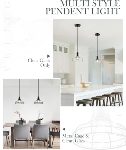 2PK 8.7" Industrial Pendant Lights with Glass Shade & Metal Cage (2 Count)