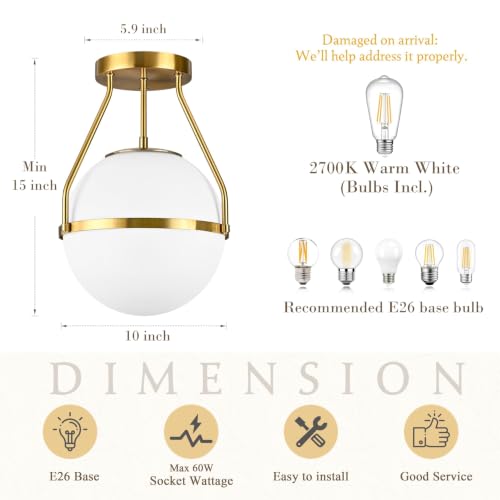 10" Modern Semi Flush Mount Ceiling Light Fixture Mid Century Ceiling Light Globe Ceiling Light Fixture with Milk Glass Shade Brass Finish for Kitchen Island Hallway Living Room