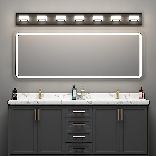 46" LED Matte Black Vanity Lights 7 Lights Acrylic Metal Black Modern Vanity Lights Black Bathroom Lighting Fixtures Over Long Mirror