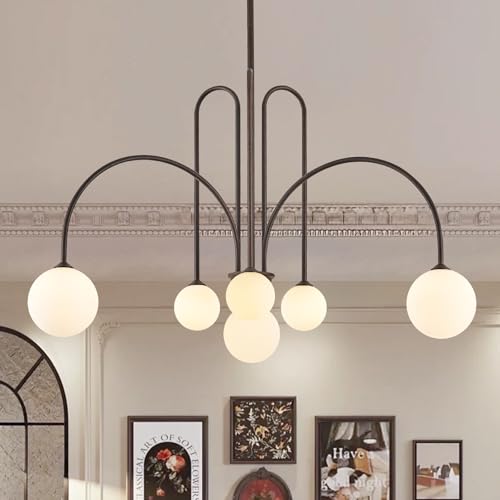 Modern 40" 6 Light Brown Sputnik Chandelier with Milk Glass Globe
