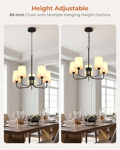 Chandelier, 5-Light Black Farmhouse Chandeliers for Dining Room, Height Adjustable Dining Room Light Fixture with White Fabric Shade, Chandelier for Living Room, Bedroom, Kitchen, Entryway