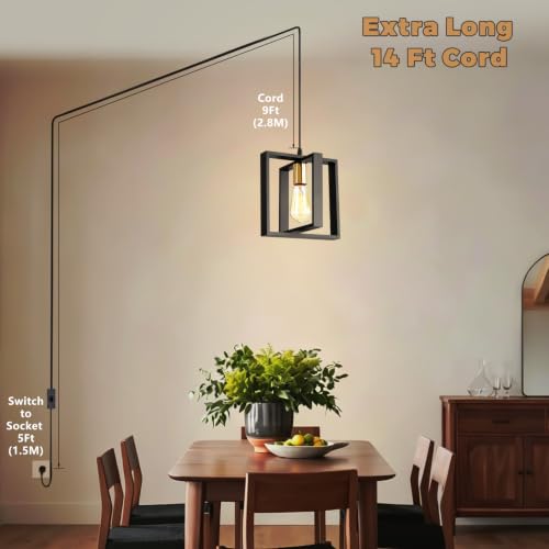 Rustic Black Wood Plug in Pendant Light with ON