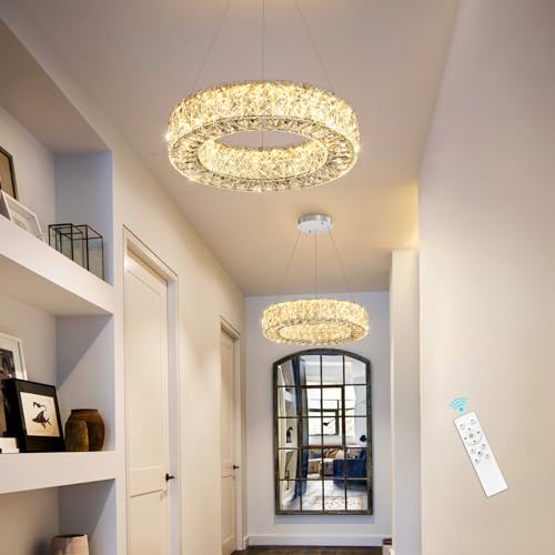 16 Inch Chandelier Glam Dimmable LED Crystal Chandeliers Luxury Round Pendant Lighting Fixtures for Dining Room Bedrooms Silver