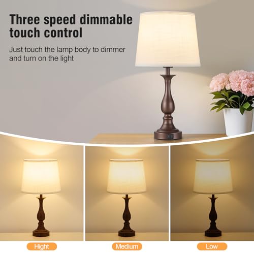 Bedside Table Lamp Touch Control Bedroom Lamps with USB A + C Charging Port 3 Way Dimmable Touch Lamps for Nightstand Living Room Bedroom Dorm Home Office Reading (2 Count)