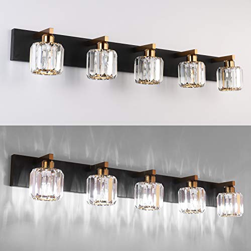 Crystal Bathroom Vanity Light Black Vanity Lighting fixtures 5 Lights Crystal Vanity Light for Bathroom