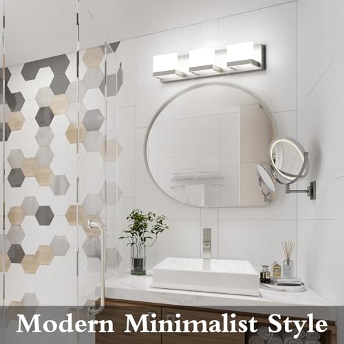3 Lights LED Modern Vanity Light Brushed Nickel Bathroom Lighting Fixture Up and Down Bathroom Wall Light Over Mirror