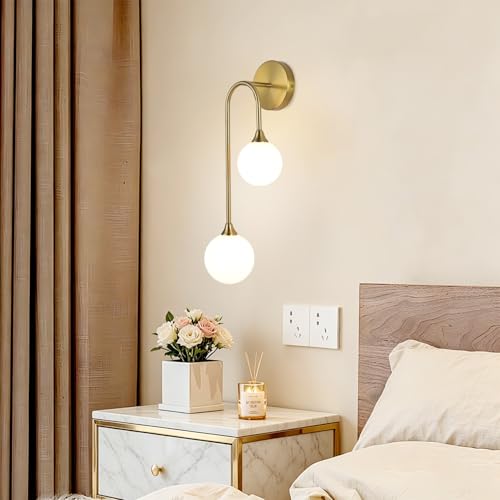 Mid Century Modern Wall Sconce Brushed Gold Milk Glass Sconces with Double Ball Hardwired Wall Light for Bedside Bedroom Bathroom Living Room Corridor G9 Base
