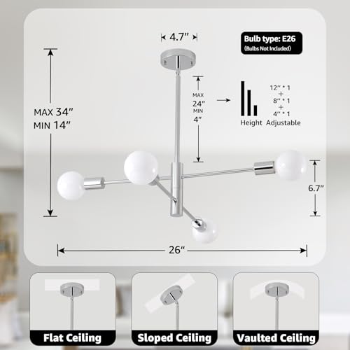 Modern Sputnik Lighting Fixture 4 Bulbs Chrome Ceiling Light Fixture