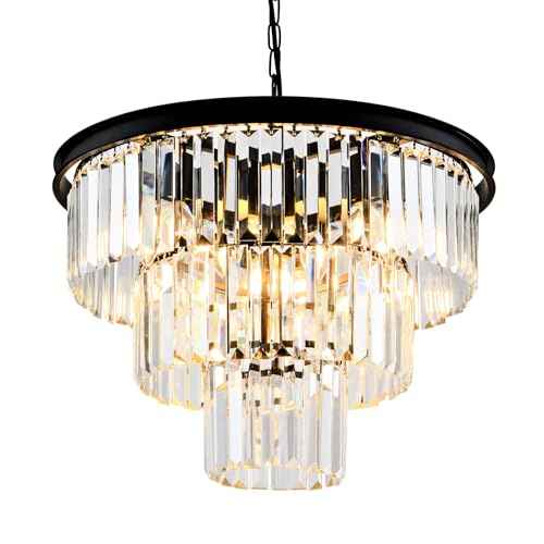 8 Light Modern Crystal Chandelier 20'' Black Chandeliers for Dining Room Contemporary Pendant Light Fixture Round 3-Tier Adjustable Height E12 for Living Room, Foyer, Entryway, Bedroom