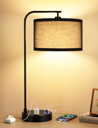 Black Table Lamp for Bedroom with USB Port and Outlet