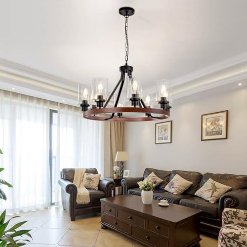 8 Light Farmhose Chandelier for Dining Room Light Fixture Faux Wood Kitchen Pendant Light Round Rustic Ceiling Hanging Lighting with Glass Globes Adjustable Height Metal E26