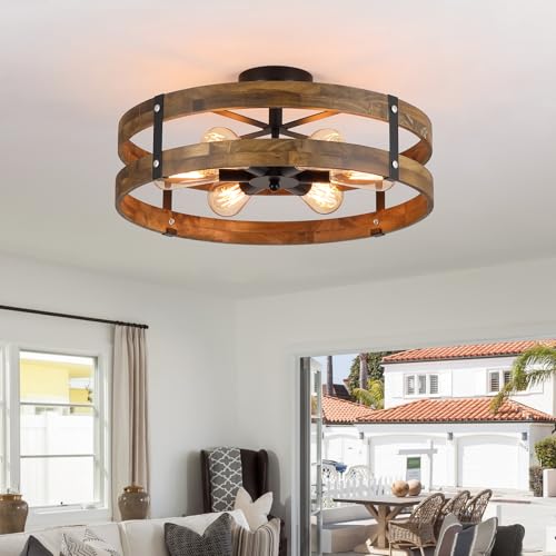 6 Light Large Rustic Farmhouse Wood Flush Mount Ceiling Light Fixture 20 inch Oak Wood and Metal Round Drum Semi Flush Mount Ceiling Light for Hallway Entry Farmhouse Bedroom Living Room