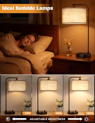 Grey Tall Lamp for Bedroom with USB Port and Outlet