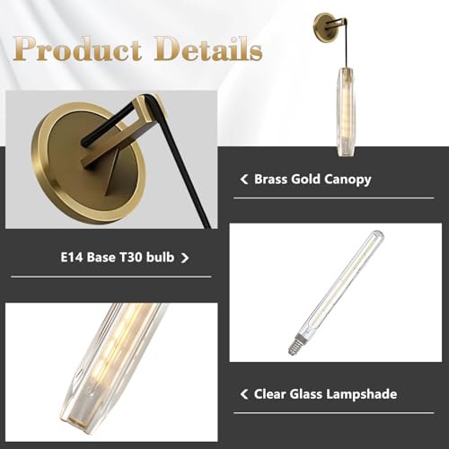 Lighting Modern Luxury Crystal Wall Sconces Brushed Gold Long Wall Lamp 15” Clear Glass Wall Sconce Vintage Antique Brass Wall Lights for Entryway Bedroom Stairway