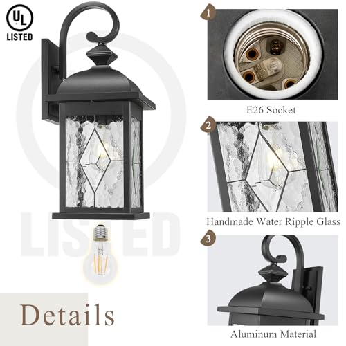 Outdoor Wall Lights Black Exterior Lighting Fixtures with Clear Water Ripper Glass 15 Inch Height Exterior Wall Sconce Light fixtures for House Porch and Garage E26 Socket
