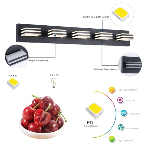 LED Wall Black Vanity Lights for Bathroom Light Fixtures 30W Adjust 3 Colors Modern Bath Lighing Over Mirror Acrylic Heads LED Vanity Light