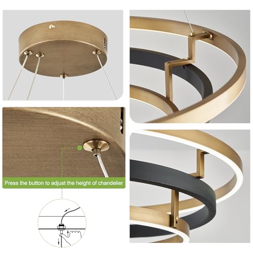3 Rings Modern LED Chandelier Black Gold Dimmable Circular Pendant Light for Dining Room