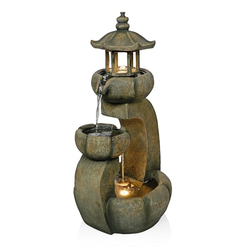 32" Tall 2 Layer Pagoda Polystone Fountain with LED Lights
