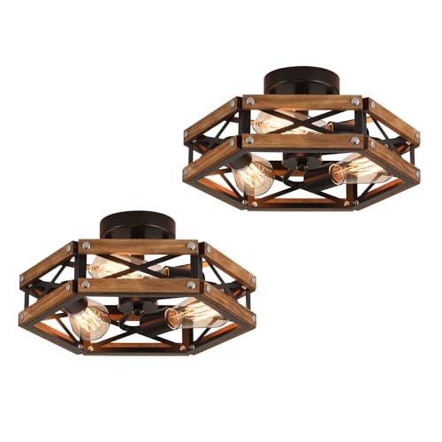 2 Pack 3 Light Rustic Farmhouse Wood Flush Mount Ceiling Light Fixture Oak Wood and Metal Cage Semi Flush Mount Ceiling Light for Hallway Hall Entry Bedroom Kitchen Farmhouse (2 Count)