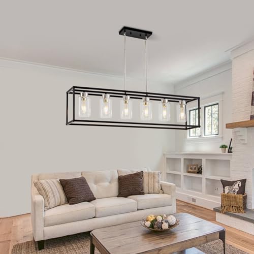 6 Lights Modern Dining Room Light Fixtures Over Table Black & Brushed Nickel Farmhouse Chandeliers Rectangular Pendent Lighting for Kitchen with Glass Shade Linear Hanging Industry Ceiling Light