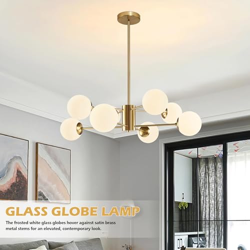 8 Light Globe Sputnik Chandelier Gold Mid Century Modern Light Fixture Brushed Brass Finished with White Frosted Globe Glass Lampshade Sputnik Chandeliers for Dining Room Kitchen Island Bedroom