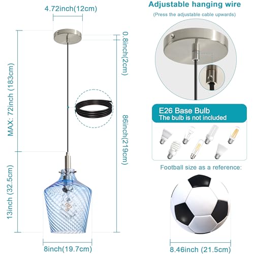 Stripes Blue Glass Pendant Light for Kitchen Island Nickel 8 Inch 1 Pack