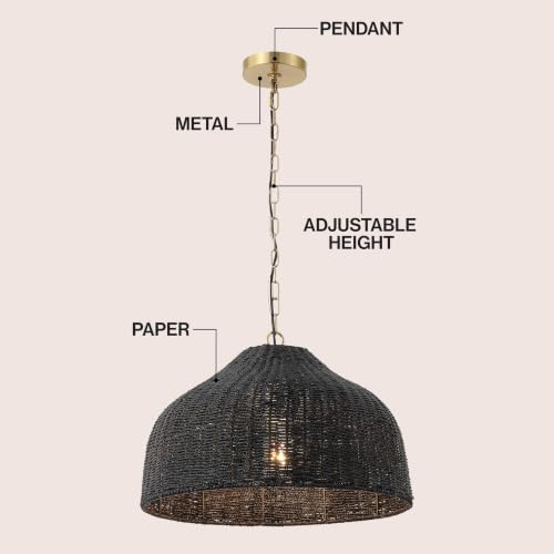 Eliza 20" Bohemian Black & Brass Gold Woven Rattan Dome Pendant