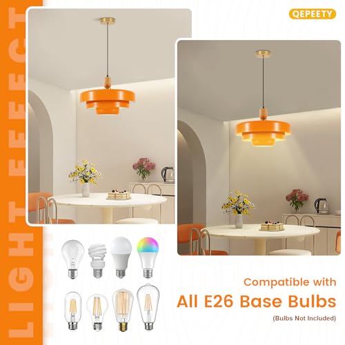 Orange Pendant Light with Wooden Dome