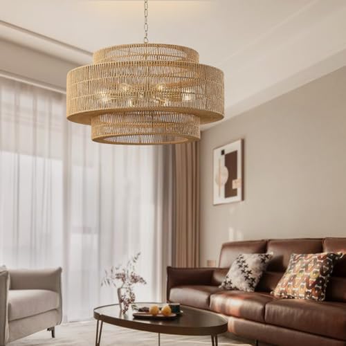 31.5"Large Boho Rattan Farmhouse Chandeliers for Dining Room