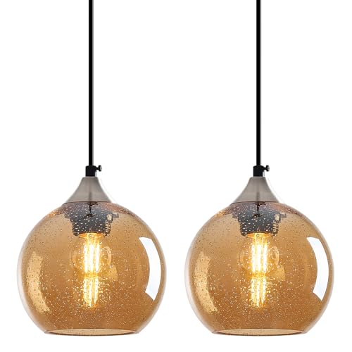 Amber Glass Pendant Lights Kitchen Island Globe Pendant Light Fixtures Modern Pendant Lighting for Bedroom Living Dining Room Light Fixture (2 Count)