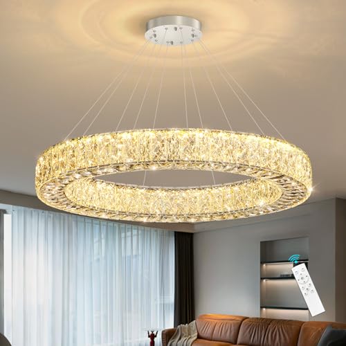 Modern Chandelier Glam Dimmable LED Crystal Chandeliers Luxury Remote Ceiling Pendants Lighting Fixtures for Dining Room Bedroom Living Room Silver