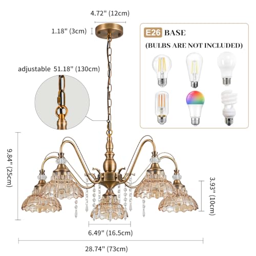 5 Light Vintage Chandelier in Matte Antique Brass Finish with Amber Flower (5-Light / Antique Brass and Amber)