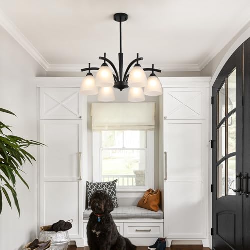 Modern Farmhouse Black Frosted Glass Chandelier Rustic Kitchen Light Fixtures 6 Lights for Dining Room Living Room Foyer Entryway Bedroom UL Listed D25.6 Inches