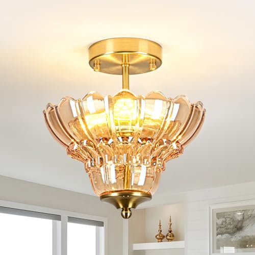Vintage Gold Semi Flush Mount Light with Floral Amber Shade (Gold and Amber)