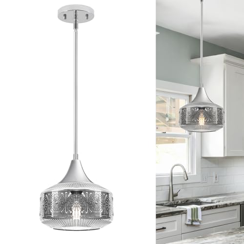 Chrome Pendant Lights Kitchen Island with Smoke Grey Glass over Kitchen