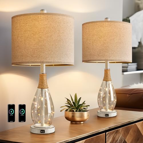 23" Table Lamps for Living Room Set of 2 Bedside Lamps for Night Stands Bedroom Lamps Farmhouse Rattan Boho Lamp Glass Nightlight End Table Lamp with USB C+A (2 Count)