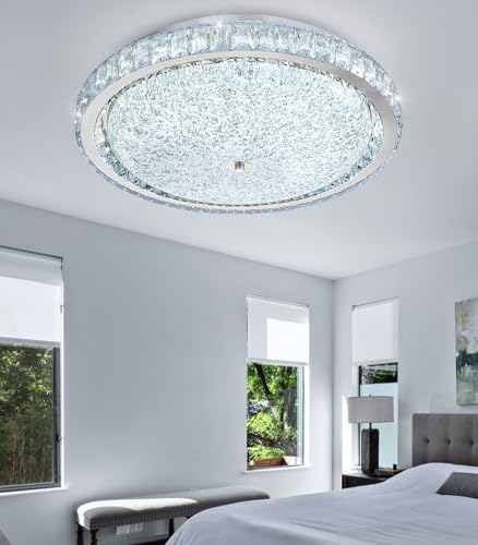 19.6" Modern Crystal Chandelier Dimmable LED Flush Mount Ceiling Light with Remote Control for Living Room Dining Room Bedroom Hallway Foyer Silver