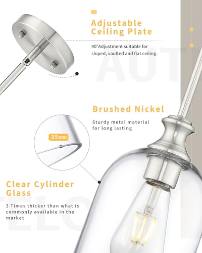 2 Pack Brushed Nickel Pendant Lights Kitchen Island Cylinder Glass (2 Count)
