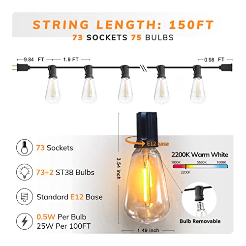 Outdoor String Lights 150FT LED ST38 Edison Vintage String Lights Outdoor Dimmable Warm 2200K with 75 Shatterproof Bulbs Plastic String Lights Waterproof for Patio Bistro Gazebo Lights