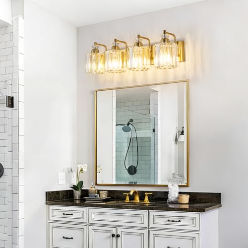 4 Light Modern Vanity Lights Brushed Brass Bathroom Light Fixtures Over Mirror Gold Bathroom Vanity Lighting with Crystal Shade E26 Base Wall Sconce for Bedroom Living Room Restroom Wall Lamp
