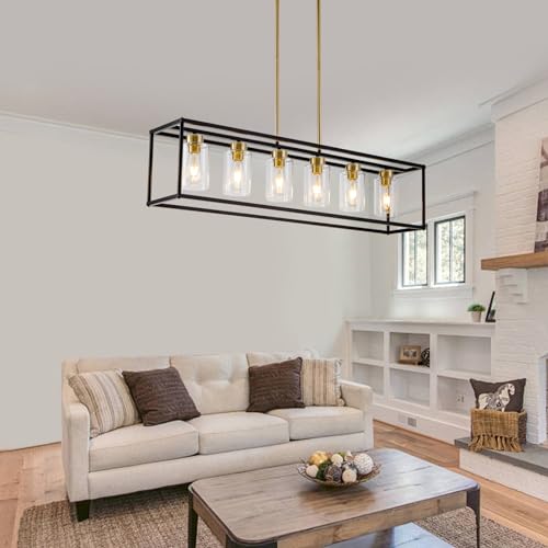 6 Lights Modern Dining Room Light Fixtures Over Table Black & Brushed Brass Gold Farmhouse Chandelier Rectangular Pendent Lighting for Kitchen with Glass Shade Long Linear Industry Hanging Light