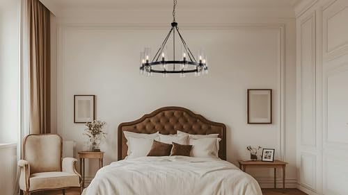 32 Inch Black Wagon Wheel Chandelier 10 Lights with Glass Shade